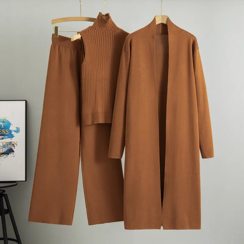 2025 Autumn Winter Women Long Cardigan 3 Piece Set Knit Pants High Neck Vest Wide Leg Trousers Outfit