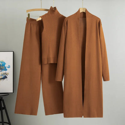 2025 Autumn Winter Women Long Cardigan 3 Piece Set Knit Pants High Neck Vest Wide Leg Trousers Outfit