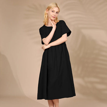 Summer Cotton Linen Women Dresses Vintage Short Sleeve Casual Loose Back Bandage Harajuku Party Club Dress With Pockets
