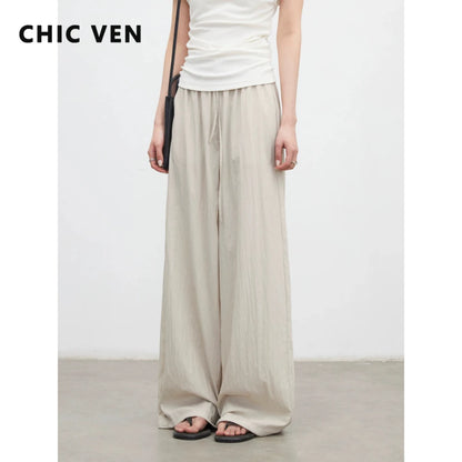 CHIC VEN New Women Pants Solid Loose Casual Wide Leg Pant  Elastic Waist Female Thin Trousers Pleated Spring Summer 2026