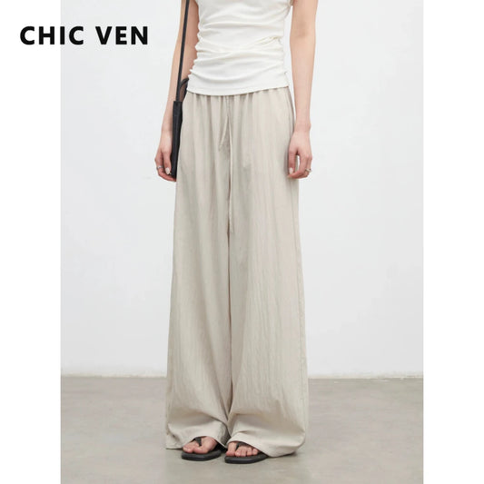 CHIC VEN New Women Pants Solid Loose Casual Wide Leg Pant  Elastic Waist Female Thin Trousers Pleated Spring Summer 2026