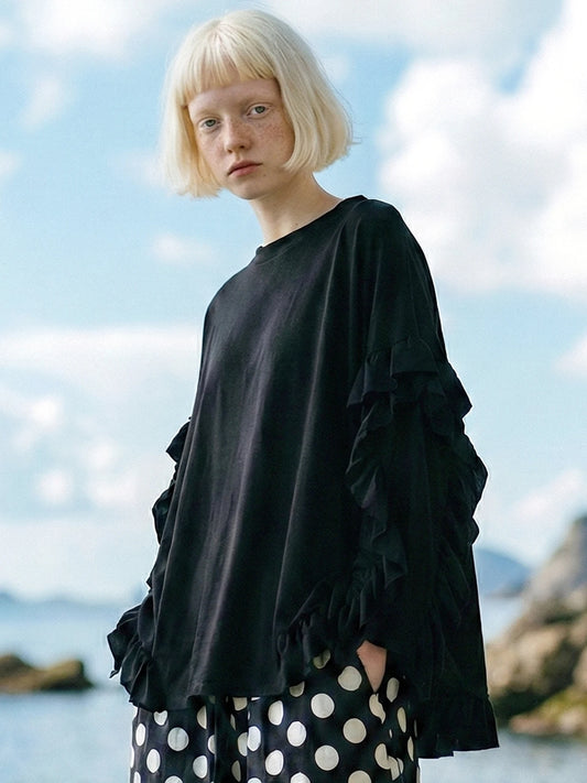 IMAKOKONI Oversized Ruffle Sleeve Black T-Shirt Women Crew Neck Loose Casual Tops Street Style 255349