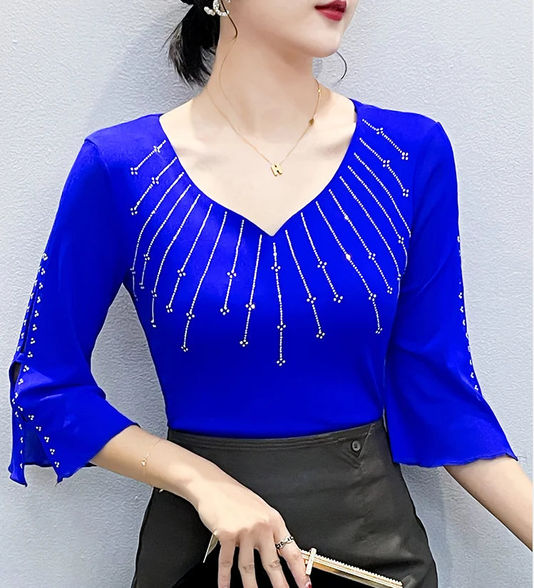 2026 Spring Summer Mesh Tops Korean Fashion Diamond T Shirt Slim 3/4 Sleeve Hollow Out Casual Women Shirt