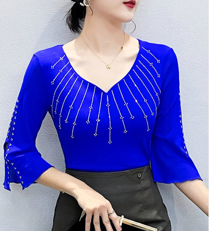 2026 Spring Summer Mesh Tops Korean Fashion Diamond T Shirt Slim 3/4 Sleeve Hollow Out Casual Women Shirt