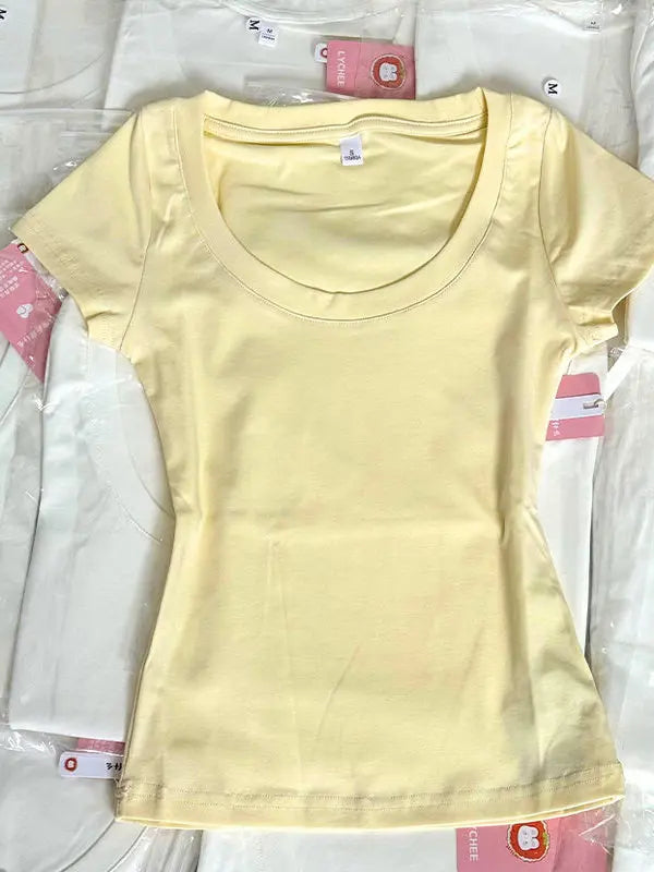 American Retro Shoulder U-neck  Color Short Sleeve T-shirt Women Summer Slimming Waist Pure Desire Short Hot Girl Top
