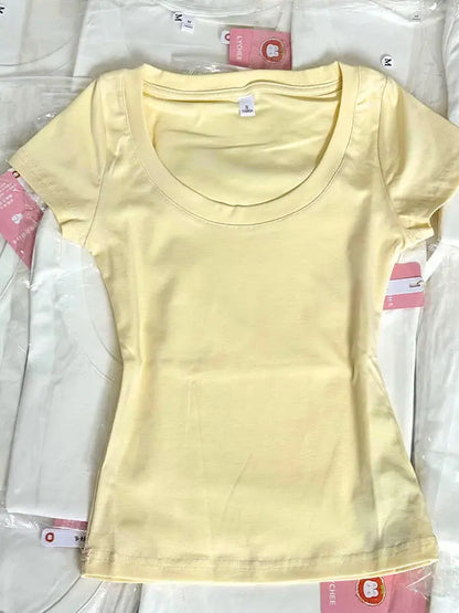 American Retro Shoulder U-neck  Color Short Sleeve T-shirt Women Summer Slimming Waist Pure Desire Short Hot Girl Top