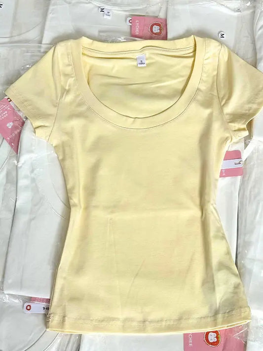 American Retro Shoulder U-neck  Color Short Sleeve T-shirt Women Summer Slimming Waist Pure Desire Short Hot Girl Top