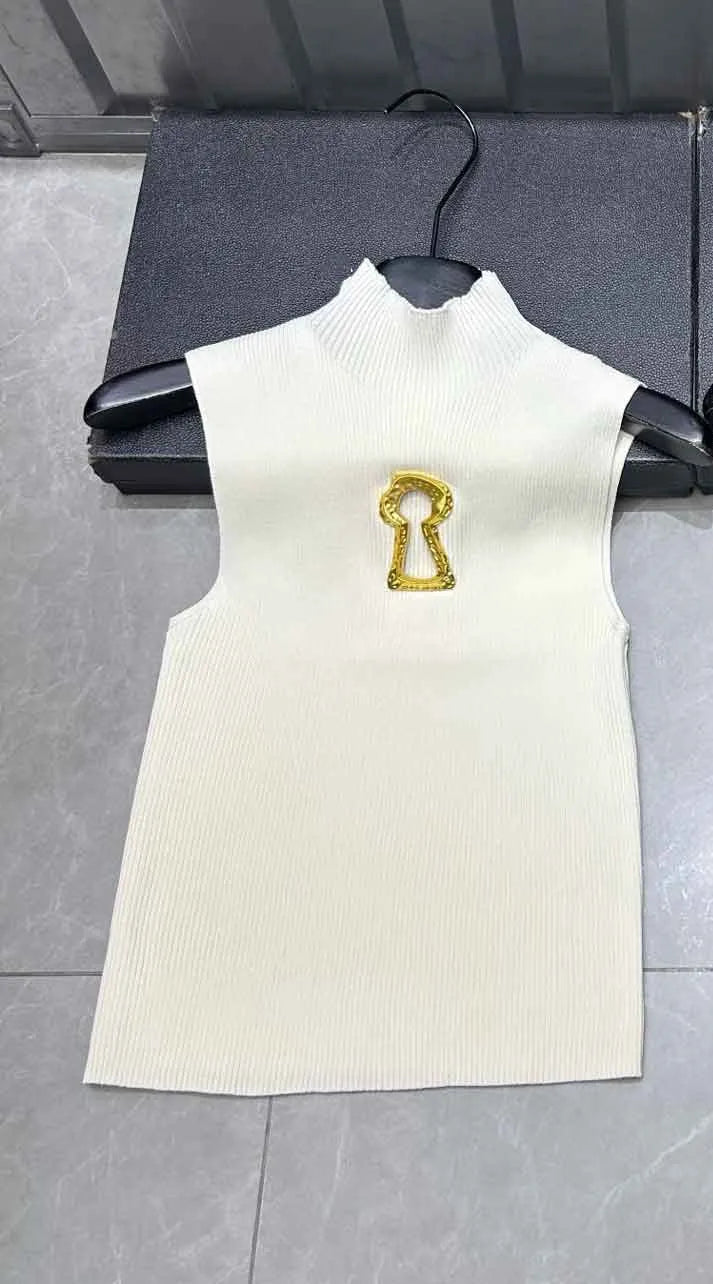 Spring Summer Solid Spliced Metal Buckle Slimming Knit Tshirt For Women Turtleneck Sleeveless Minimalist T Shirt Female Fashion