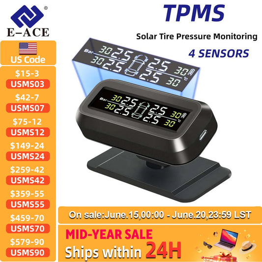 K44 Tire Pressure Monitoring System Temperature Warning 4 Sensors Adhesive Windshield Solar TPMS Car Tyre Pressure Monitor