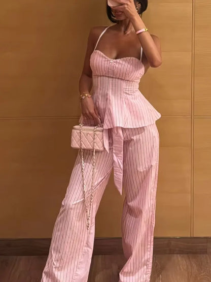 HH Women Striped Pants Suit Lapel Pocket Single-breasted Blouse+Side Zipper Lace Short Top+High Waist With Belt Poplin Pant
