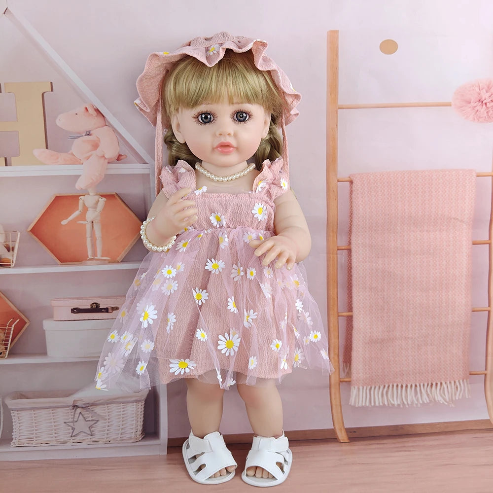 1pcs 55cm Realistic Reborn Baby Doll Soft Vinyl Body Long Blonde Hair Simulation Dolls Girl Toddler Companion Toy Festival Gift
