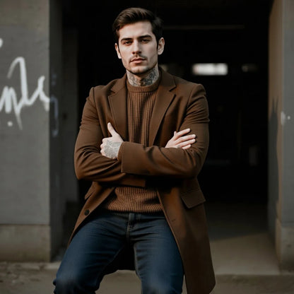 Men's Woolen Blend Single-Breasted Overcoat Winter Warm Long Coat Street Fashion Solid Color Jacket