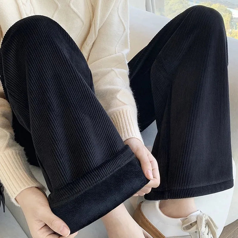 Women's High Waist Wide Leg Pants Autumn Winter Slimming Versatile Fleece Lined Drapey Loose Casual Sports Straight Leg Pants