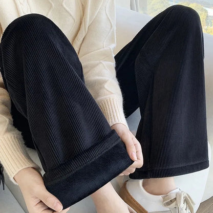 Women's High Waist Wide Leg Pants Autumn Winter Slimming Versatile Fleece Lined Drapey Loose Casual Sports Straight Leg Pants