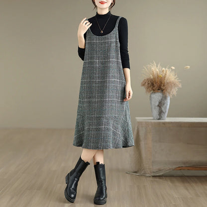 Autumn Winter Plaid Wool Skirt Vest Dress Slimming plus Size Mid-Length Thin Base Layer Outerwear Casual round Neck Dress