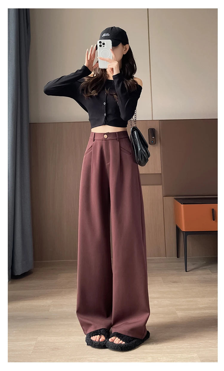 Seoulish Autumn Elegant Women's Wide Leg Pants 2024 New Korean Solid Button Casual Loose Office Full Length Trousers Female