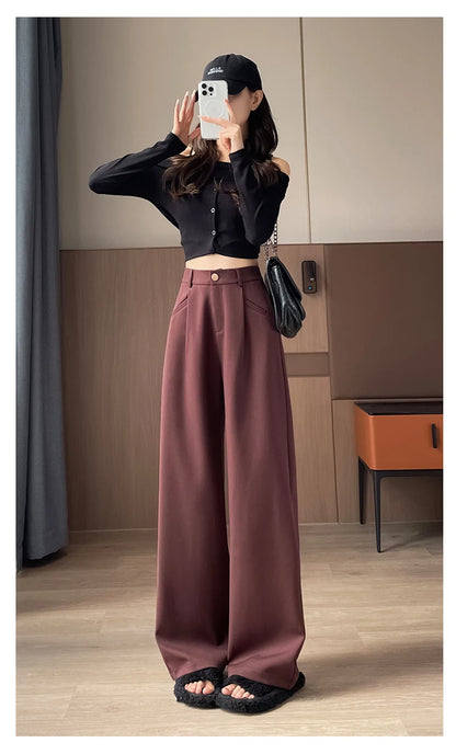 Seoulish Autumn Elegant Women's Wide Leg Pants 2024 New Korean Solid Button Casual Loose Office Full Length Trousers Female
