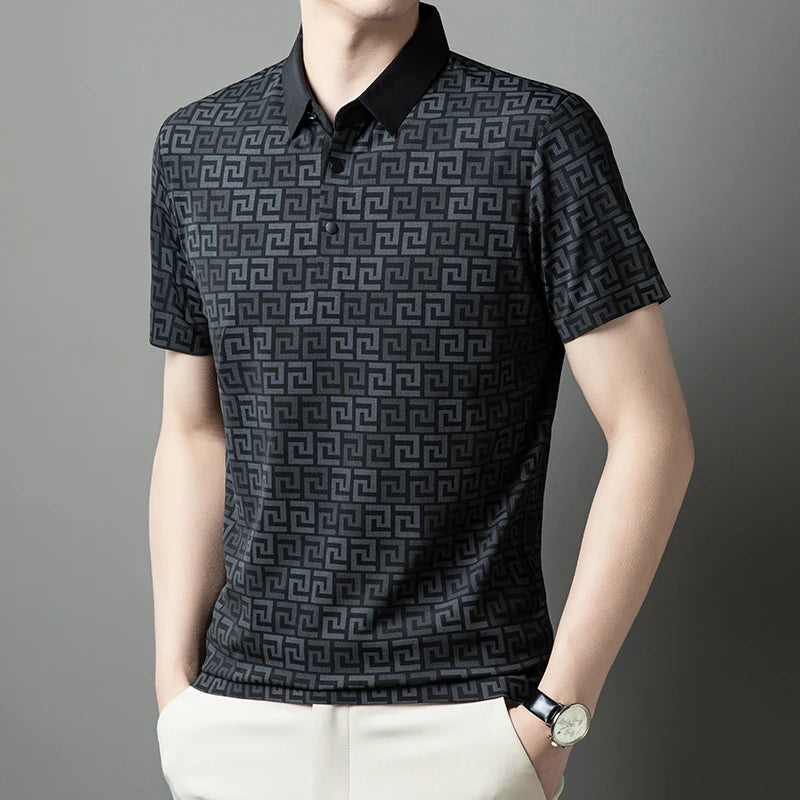Summer Slim-Fit Men's Short-Sleeved Polo Shirt Classic Lapel Single-Breasted Placket Meander Pattern Casual Style Men's Clothing