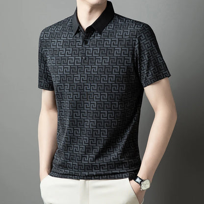 Summer Slim-Fit Men's Short-Sleeved Polo Shirt Classic Lapel Single-Breasted Placket Meander Pattern Casual Style Men's Clothing