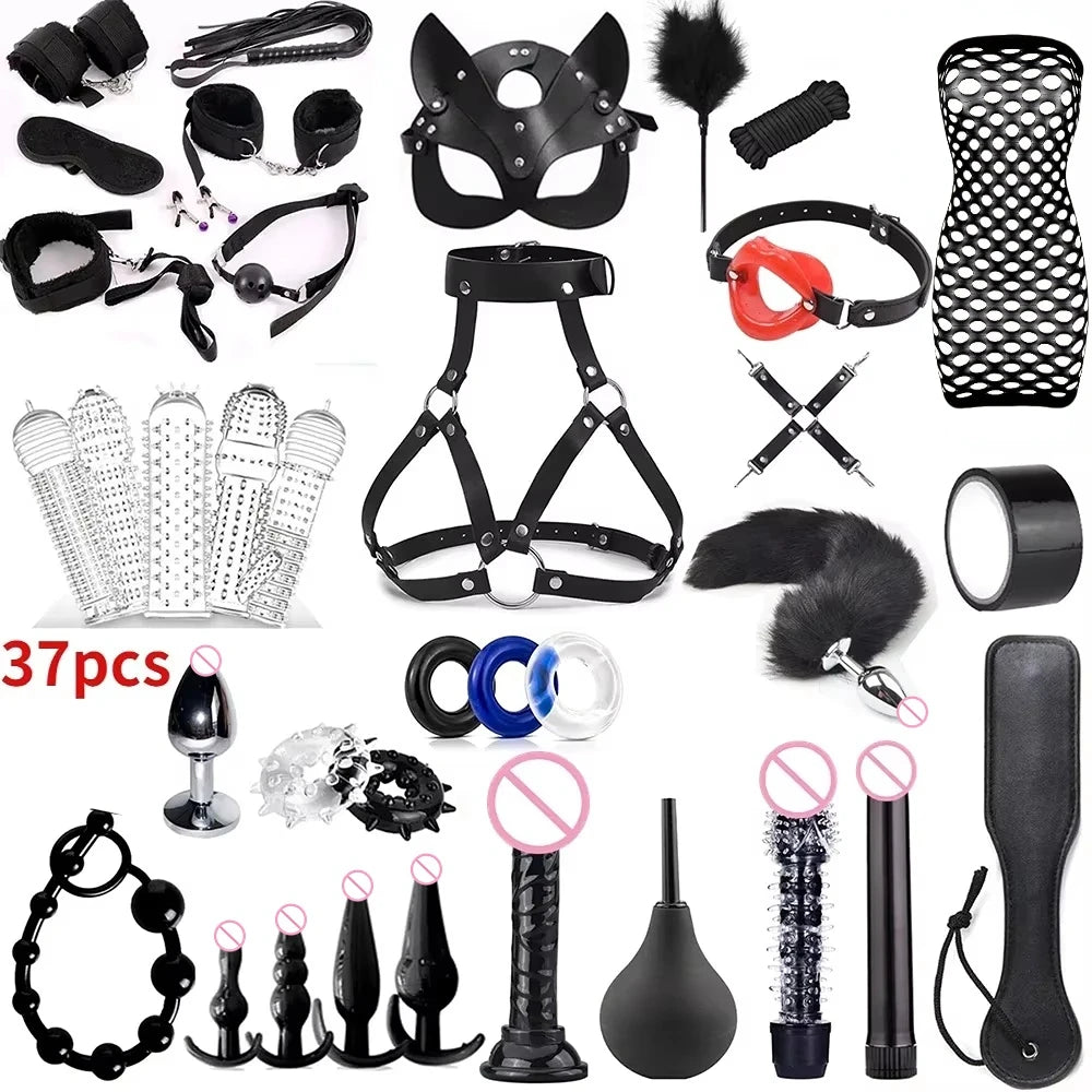 BDSM Bed Restraint Kit Sex Bondage Adult Toys for Couples with Handcuffs Wide Strap, Adjustable Length Quick Installation