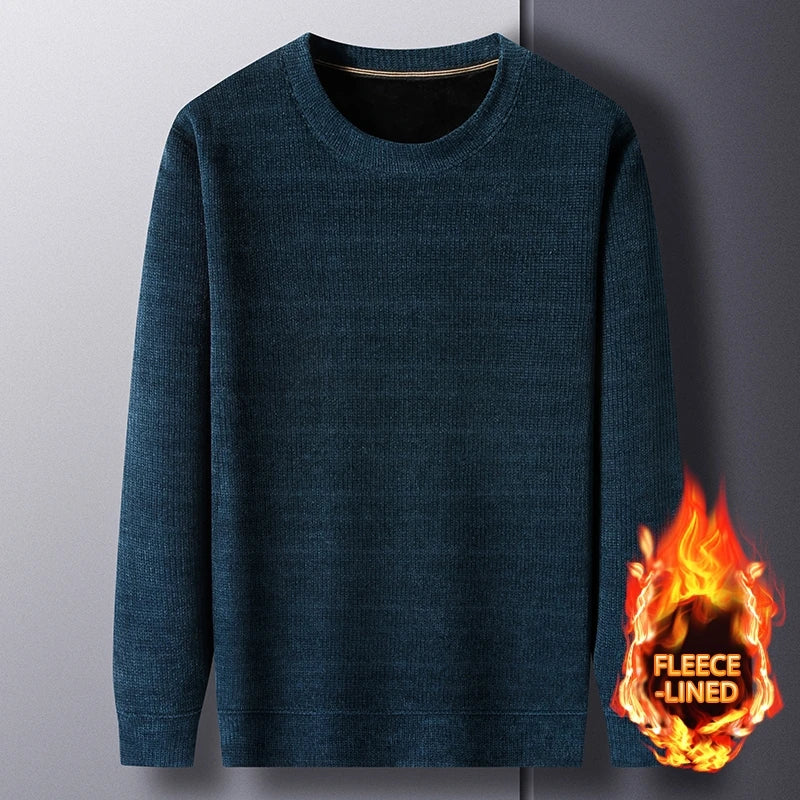 Fleece-Lined Knitted Pullover Sweater Casual Jumper for Men Insulated Warm Long Sleeve Thick Material Round Neck Design
