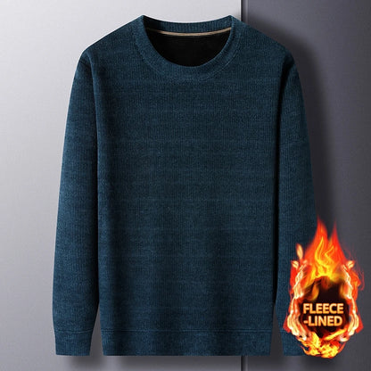 Fleece-Lined Knitted Pullover Sweater Casual Jumper for Men Insulated Warm Long Sleeve Thick Material Round Neck Design