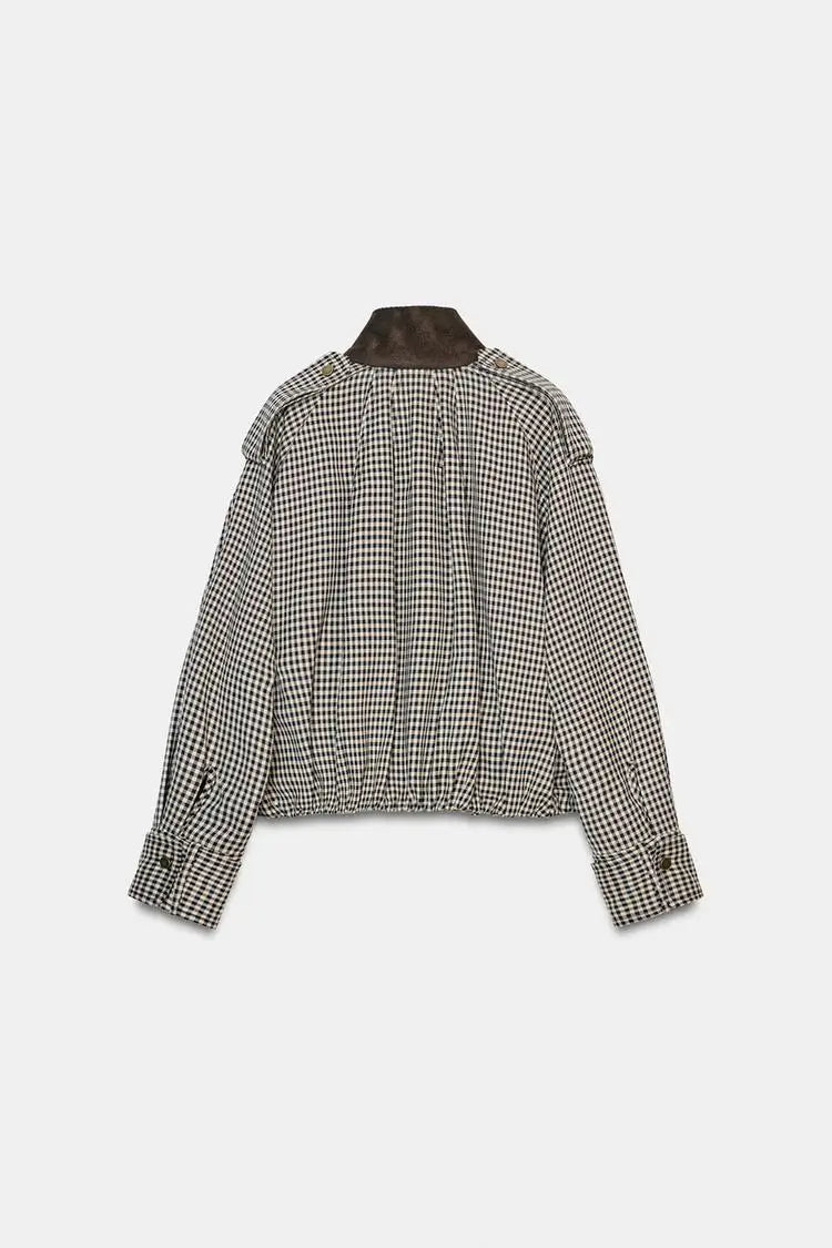 Color Block Plaid Pilot Jacket Coat High Collar Long Sleeve Women's Spring Fashion Set with Midi Skirt Spring Season Pattern