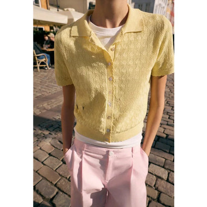 Spring Summer New Lazy Style Women's Knitted Short Sleeve  Shirt Collar Casual Outerwear Classic Pattern Loose Fit Polyes...