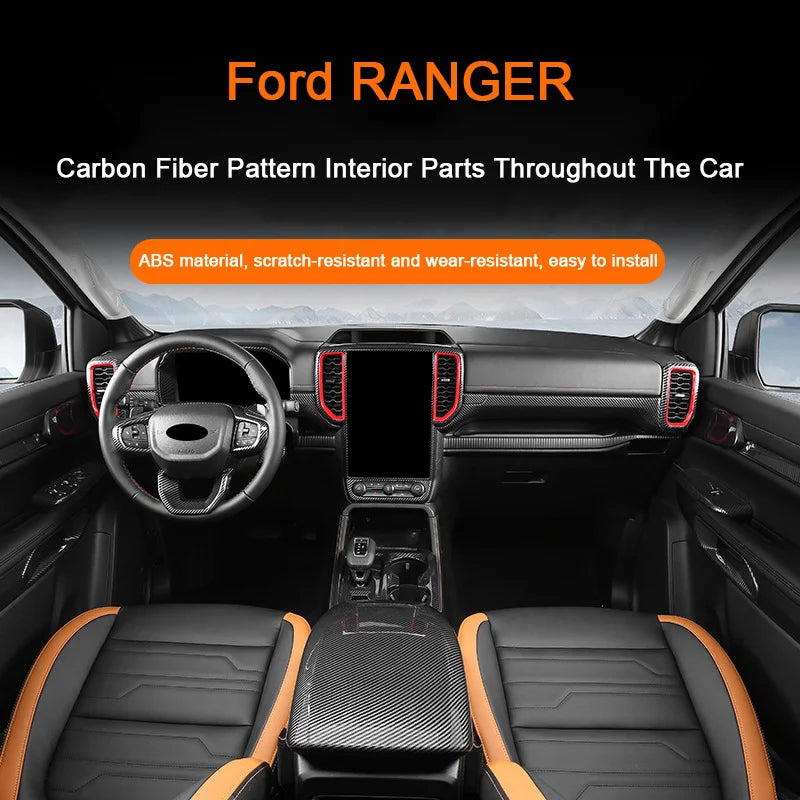 Carbon Fiber Car Interior Overlay Accessories For Ford Ranger Raptor Wildtrak T9 2022-2025, Central Gear Shift Panel Door Trim