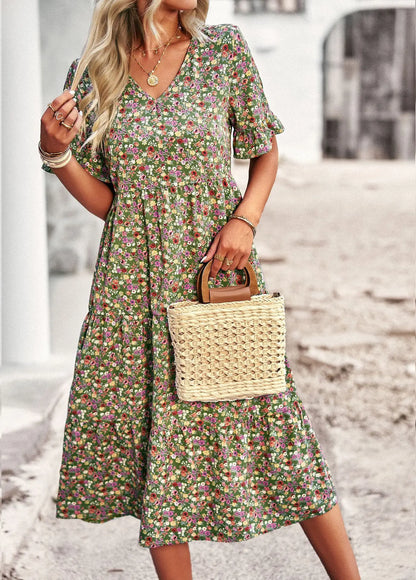 Msfilia Fashion V Neck Elegant Printed Dress Women Summer Short Sleeve High Waist A Line Floral Holiday Dresses