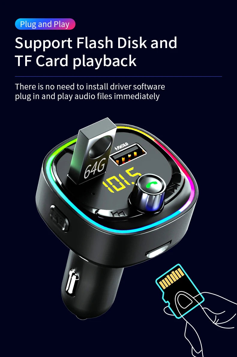 Car FM transmitter, wireless 5.0 QC3.0 & PD 18W USB-C car charger, RGB backlit car receiver, supports hands-free calls, Siri Goo