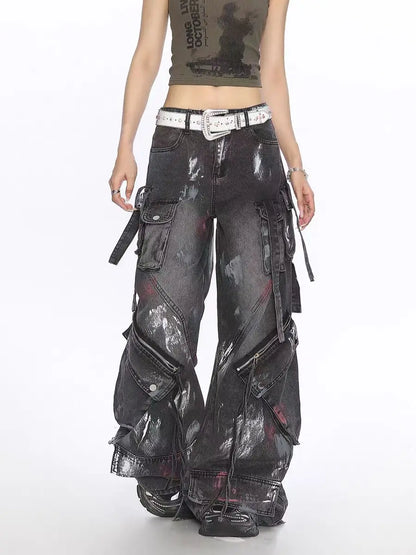 American 2000s Heavy Industry Y2K Harajuku Gothic Multi-Pocket Washed Black Jeans Men And Women Oversize Hip Hop Wide Leg Pants