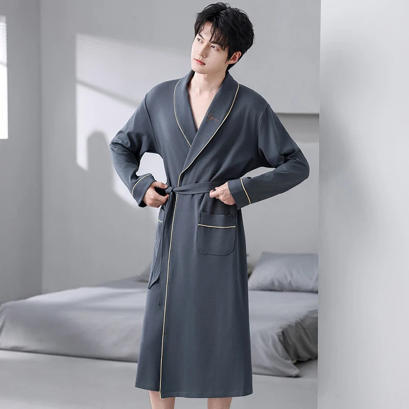 Spring Autumn Bathrobe Men 100% Cotton sleep top Kimono Robes For Male Solid Robes Long Bath Robe Bridegroom Robe Dressing Gown
