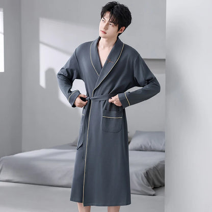 Spring Autumn Bathrobe Men 100% Cotton sleep top Kimono Robes For Male Solid Robes Long Bath Robe Bridegroom Robe Dressing Gown