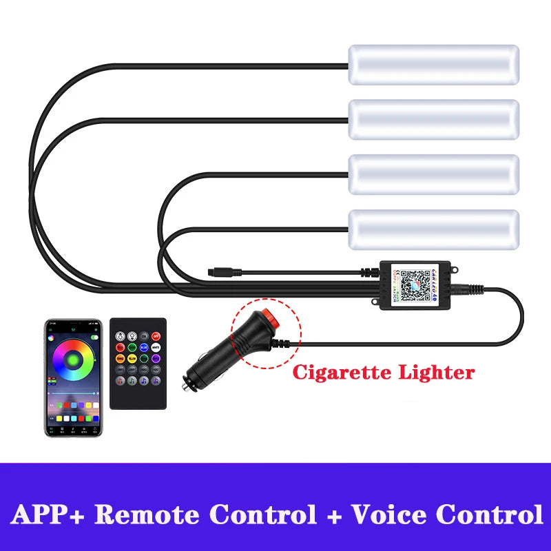 LED RGB Car Foot Ambient Light With USB Wireless Remote Voice Music APP Control Cigarette Lighter Car Footwell Lights
