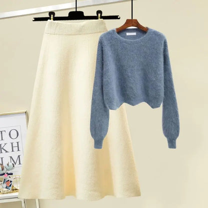 plus Size Women's Autumn Winter Knitted Sweater White Half-length Skirt Two-piece Set Slimming Concealing Anti-aging