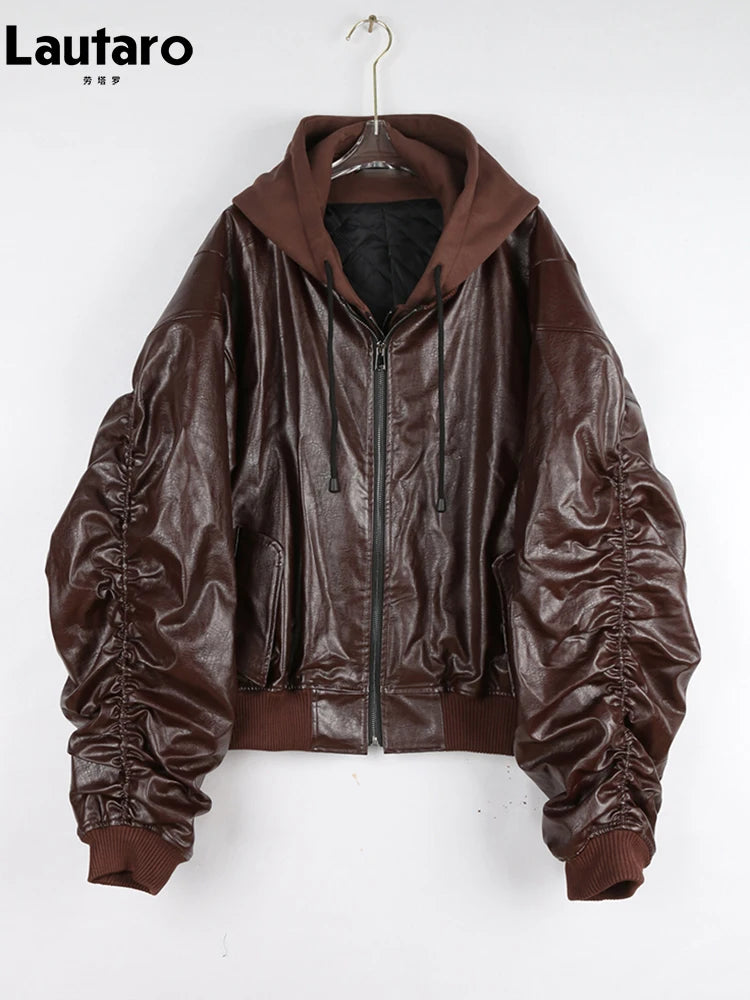 Lautaro Autumn Winter Oversized Thickened Warm Red Black Pu Leather Jacket Men Luxury Designer Unisex Clothes Cool Grey Hoodie