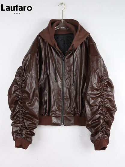 Lautaro Autumn Winter Oversized Thickened Warm Red Black Pu Leather Jacket Men Luxury Designer Unisex Clothes Cool Grey Hoodie
