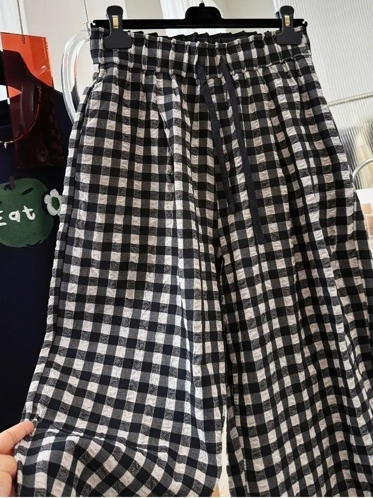 Women Korean Plaid Harem Pants Summer Linen Cotton Elastic Waist Cropped Pants High Grade Casual Loose Fashion Daily Trousers
