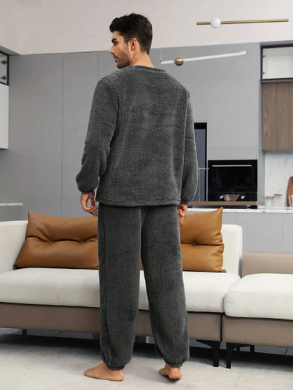 Men'S Flannel Pajamas Set Warm Loungewear Set Embroidery Eyelash Cozy Clothing Thickened Loungewear Soft Comfortable Home Wear