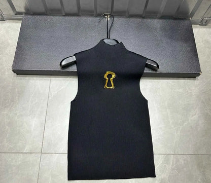 Spring Summer Solid Spliced Metal Buckle Slimming Knit Tshirt For Women Turtleneck Sleeveless Minimalist T Shirt Female Fashion
