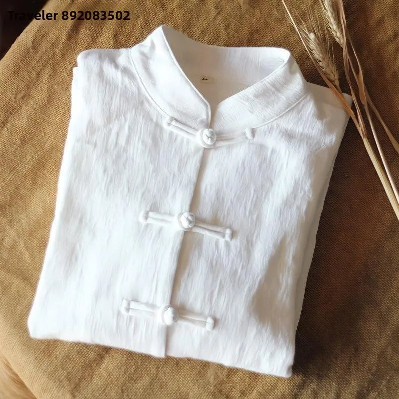 Cotton Linen Shirt Chinese Style Men Women Clothing National Style Tang Costume Button up Long Sleeve Stand Collar Zhongshan ...