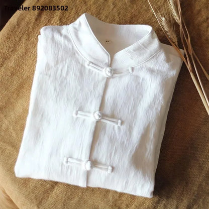 Cotton Linen Shirt Chinese Style Men Women Clothing National Style Tang Costume Button up Long Sleeve Stand Collar Zhongshan ...