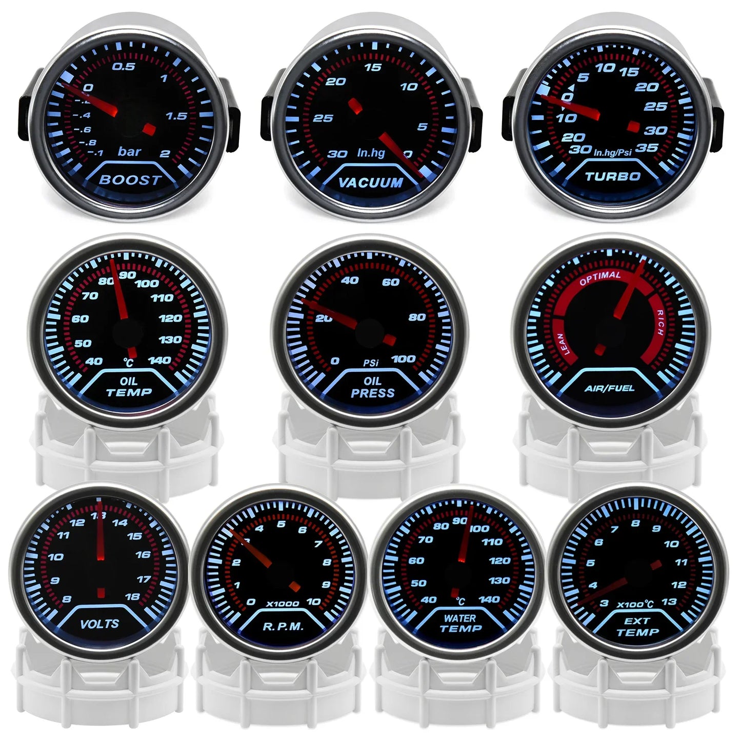 52mm Racing Gauge 12V LED Smoke Len -1~0~2 BAR Turbo Boost Water Temperature Oil Pressure Voltmeter Air Fuel Ratio Meter For 12V