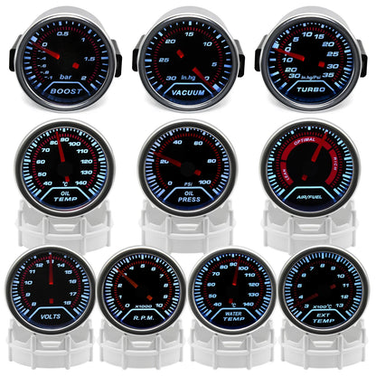 52mm Racing Gauge 12V LED Smoke Len -1~0~2 BAR Turbo Boost Water Temperature Oil Pressure Voltmeter Air Fuel Ratio Meter For 12V