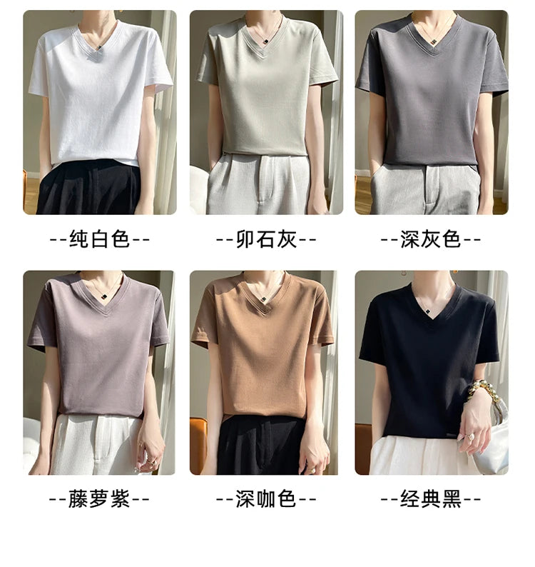 2026 Summer New Pure Cotton V-neck Short-sleeved T-shirt Women's Solid Color Joker Pullover Shirt with Loose Sleeve Bottom Shirt