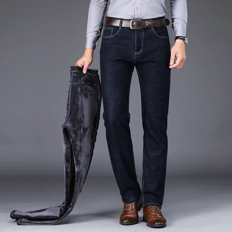 2025 Winter Warm Men's Jeans Fleece Thickened Elastic Straight Business Casual Denim Pants Plush Velvet Comfortable Trousers