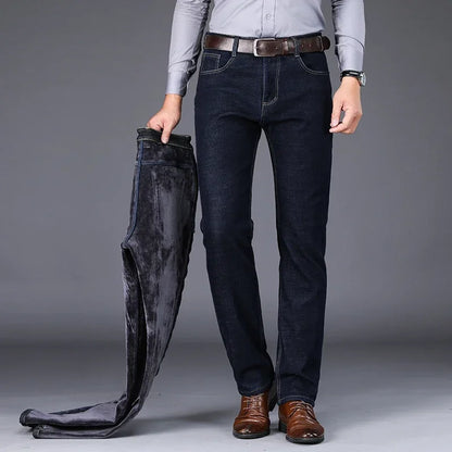 2025 Winter Warm Men's Jeans Fleece Thickened Elastic Straight Business Casual Denim Pants Plush Velvet Comfortable Trousers