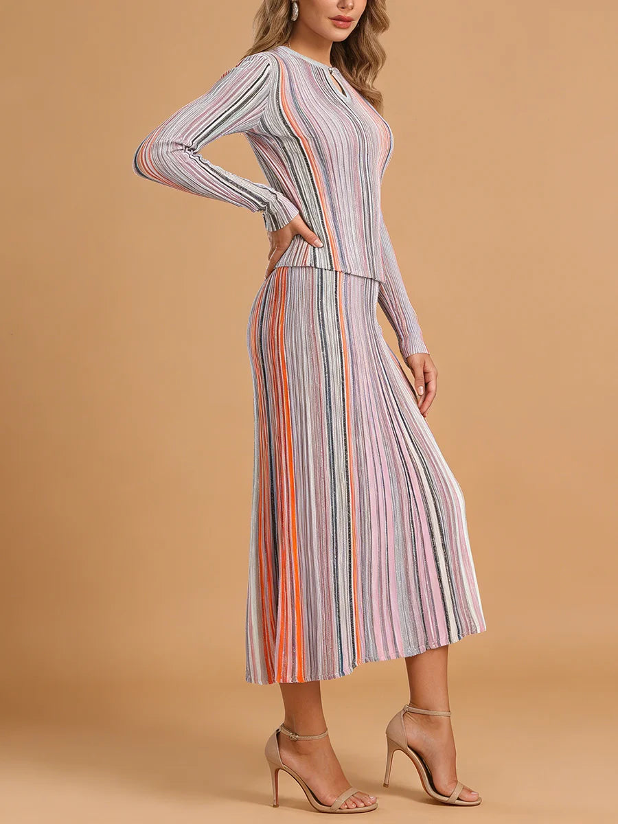 VGH Elegant Stylish Striped Knit Two Piece Set for Women Slimming Long Sleeve Pullovers Pleated Skirt Outfit for Cocktail Events