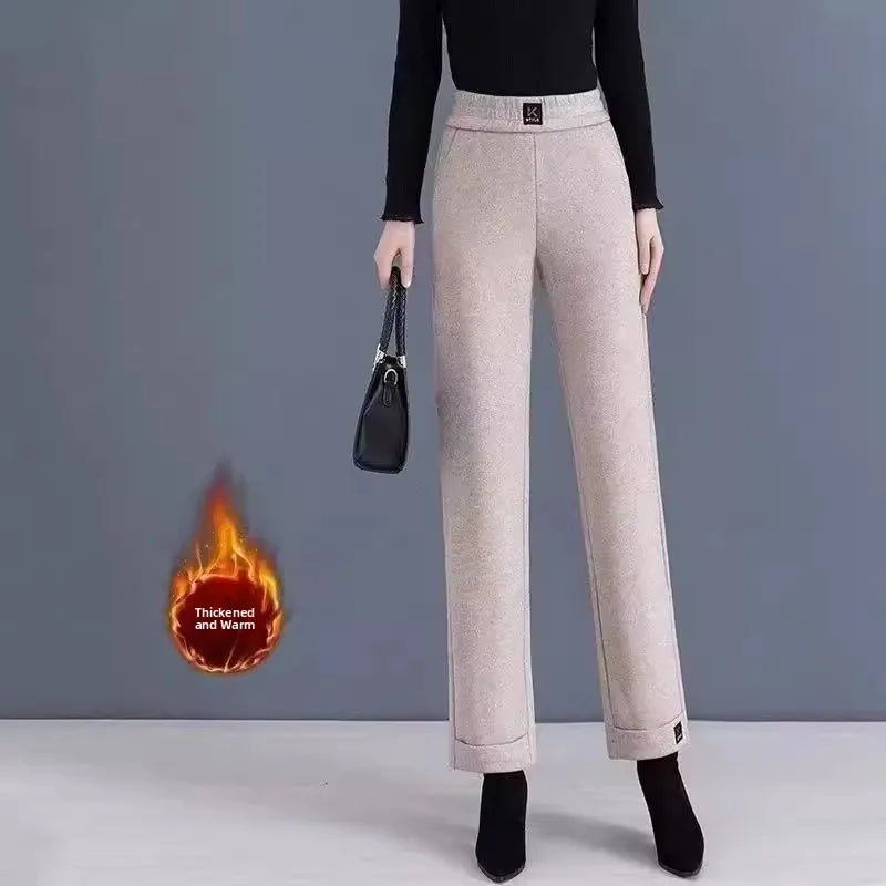 Women's Winter Fleece Lined Straight Leg Pants High Waist Casual Trousers Nine Point Length Autumn Winter Outerwear Versatile